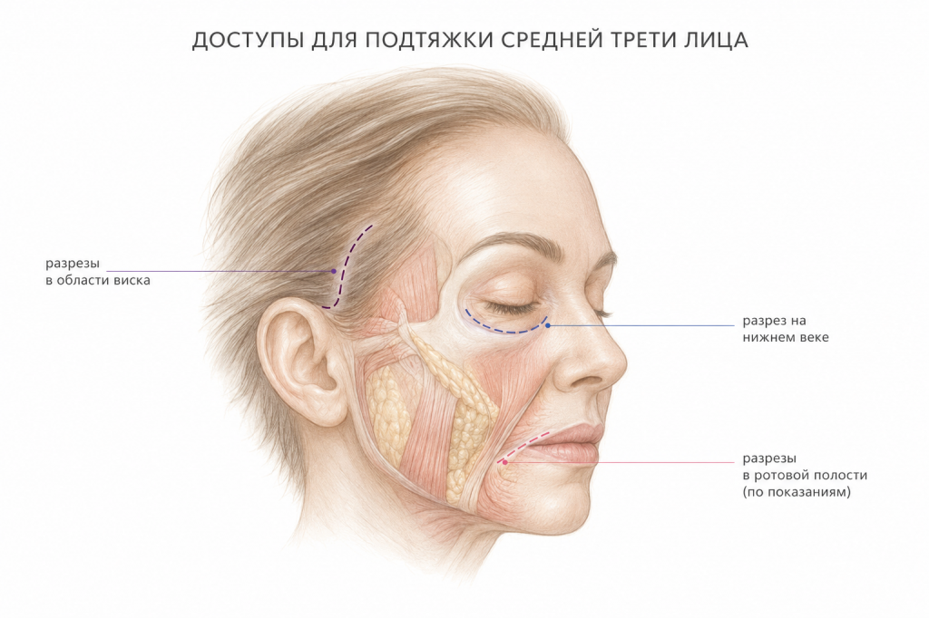 подтяжка средней трети лица - доступы через висок, нижнее веко и ротовую полость